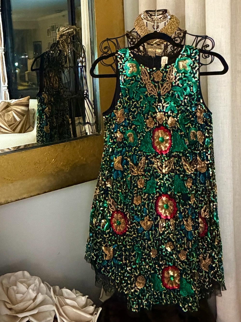 Embellished Green Sequin Floral Woman’s Party Dress